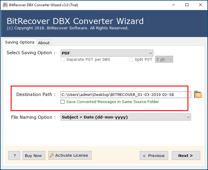 Choose desired location to convert dbx files to pdf