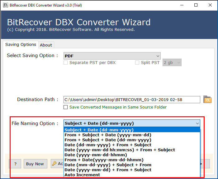 Choose desired file naming option to convert dbx files to pdf